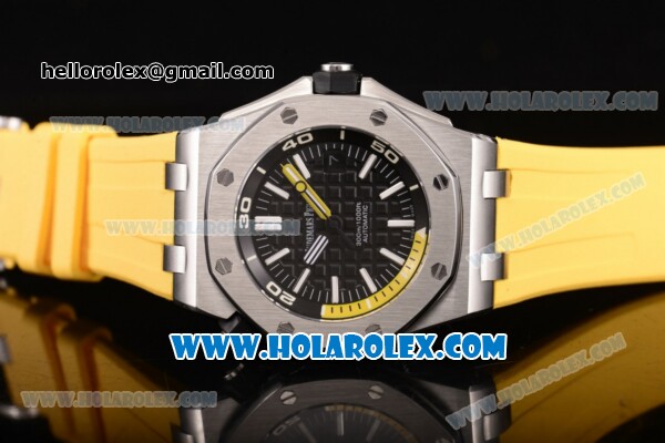 Audemars Piguet Royal Oak Offshore Diver Clone AP Calibre 3120 Automatic Steel Case with Black Dial Yellow Rubber Strap and White Stick Markers (EF) - Click Image to Close